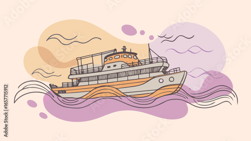 A stylized illustration of a boat navigating swirling waves, featuring orange and beige tones for a playful nautical vibe.
