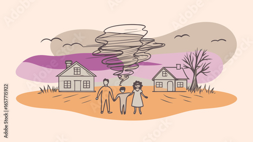 An illustration of a family holding hands in front of homes, with a tornado appearing in the background, representing unity during adversity.