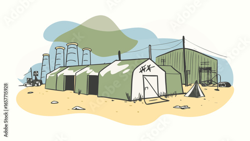 An illustration of military tents and structures in a desert setting, capturing a sense of rugged resilience.