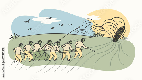 A group of men working together to pull in a large catch, showcasing teamwork and effort in a serene rural setting.