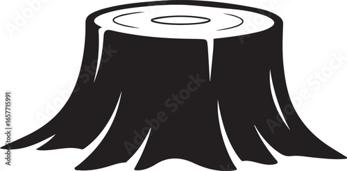 Black Silhouette of a Tree Stump with Rings and Roots on a White Background wood forest