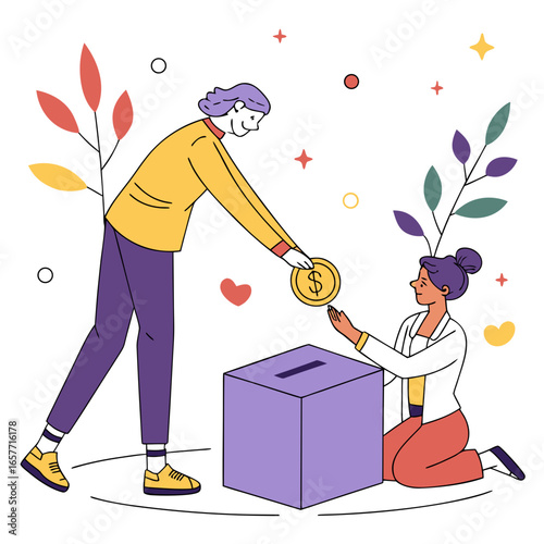 People donating coin to donation box giving charity