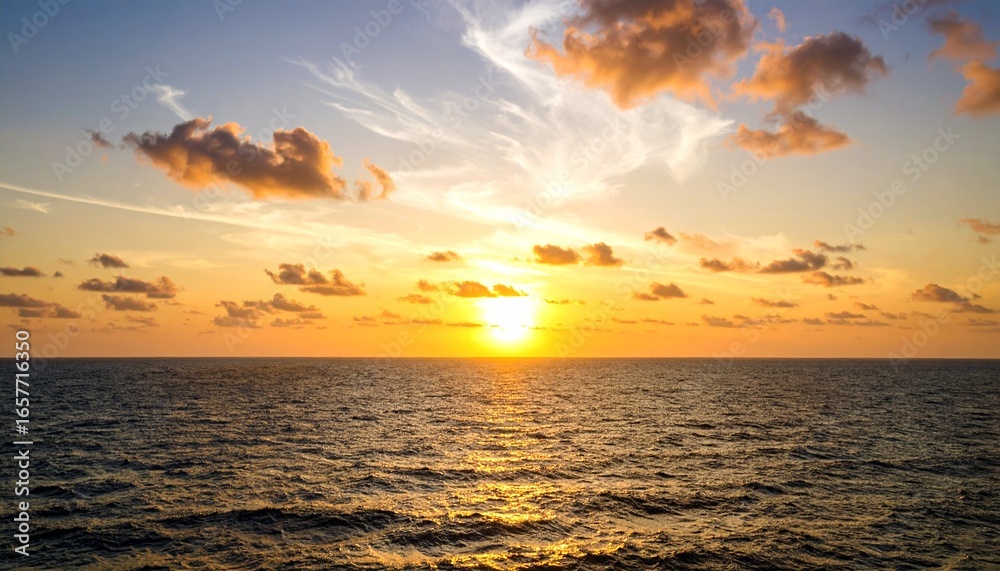 Obraz premium A breathtaking sunset over the ocean, with golden light reflecting on the water.