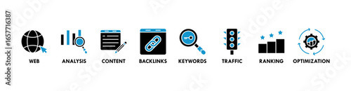 SEO banner web icon vector illustration concept for search engine optimization with icon of website, analysis, content, backlinks, keywords, traffic, ranking, and optimization