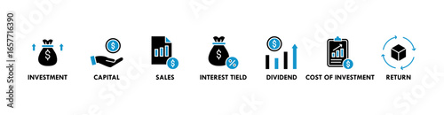 Roi banner web icon vector illustration concept for return on investment with icon of capital, sales, interest tield, dividend, cost of investment and return
