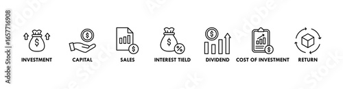 Roi banner web icon vector illustration concept for return on investment with icon of capital, sales, interest tield, dividend, cost of investment and return