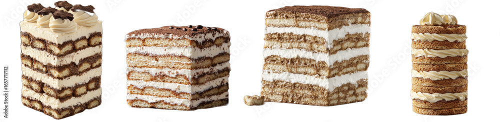 A tall stack of 8 tiramisu layers, with coffee-soaked ladyfingers and mascarpone cream, studio lighting, side on view, ray trace, dark background. A tall stack of 8 tiramisu layers, with coffee-soaked ladyfingers and mascarpone cream, studio lighting, side on view, ray trace, dark background.