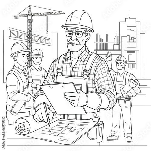 Experienced construction foreman reviews blueprints on a bustling building site, overseeing his team of skilled workers and ensuring project success.