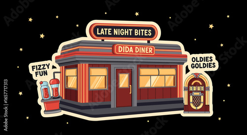 Retro Dida Diner with Jukebox, Soda Fountain, and Late Night Bites Sign