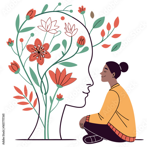 Person contemplating floral head silhouette mental health