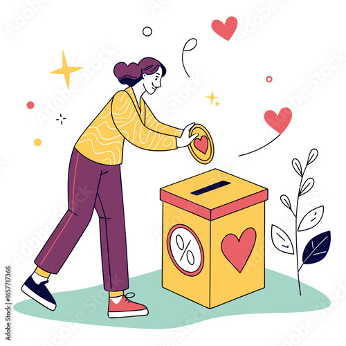 Person donating coin to charity box donation heart