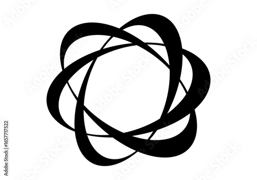 Modern abstract illustration of circular elliptical shapes that twist and overlap each other, forming a dynamic and symmetrical circular pattern.