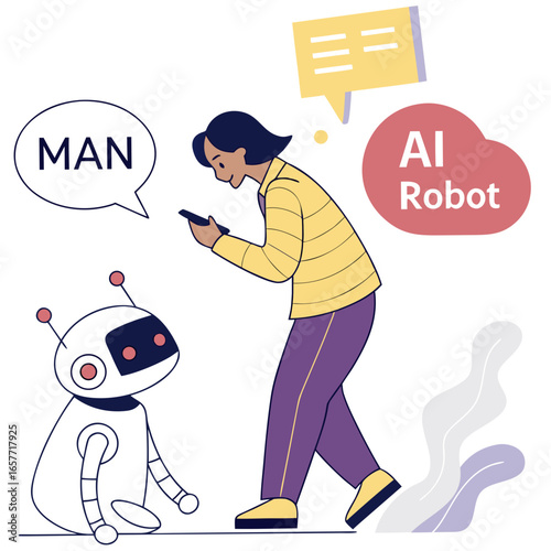 Person interacting with robot and speech bubbles communication