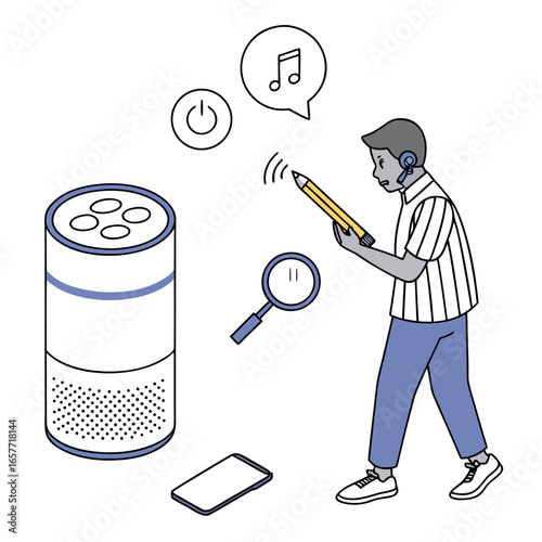 Person interacting with smart speaker and digital assistant