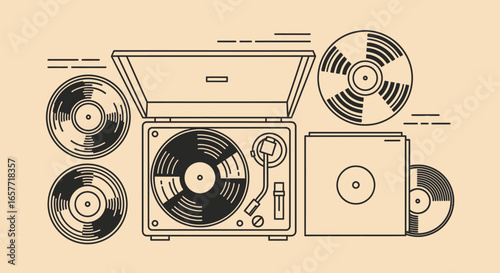 Stylized Illustration of a Record Player with Vinyl Discs and Sleeves.