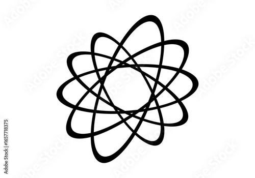 Modern abstract illustration of circular elliptical shapes that twist and overlap each other, forming a dynamic and symmetrical circular pattern.