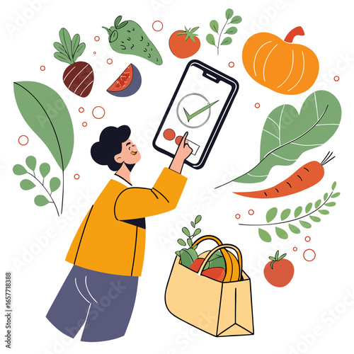 Person ordering groceries on mobile phone surrounded by fresh produce