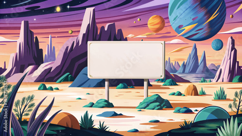 Blank white sign on alien planet fantasy landscape with sci-fi space background. Futuristic horizontal poster for science fiction design, wallpaper, template, and digital art.