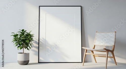 Minimalist interior design with blank frame and plant,Scandinavian style with wooden chair and empty frame to add your artwork, Modern home decor with copy space