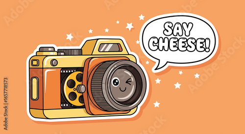 Adorable Cartoon Camera with Winking Lens and Speech Bubble.