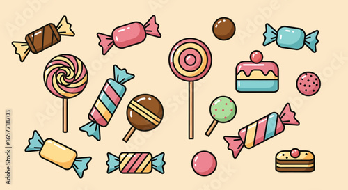 Assorted Colorful Candies and Cakes Delightful Cartoon Illustration