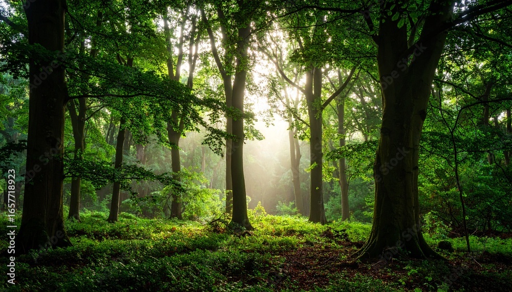 Naklejka premium Lush green forest with sunlight streaming through the trees, creating a tranquil and vibrant scene.