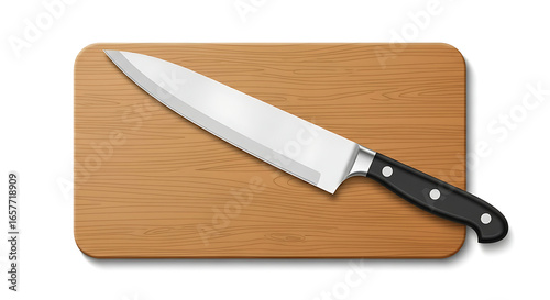 Realistic Chef Knife Illustration on Wooden Cutting Board Isolated
