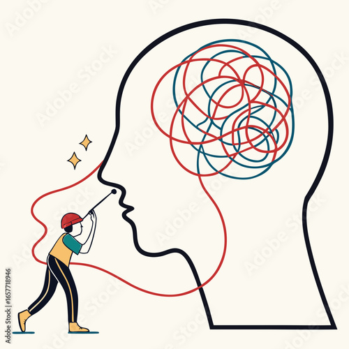 Person untangling red blue lines inside head vector