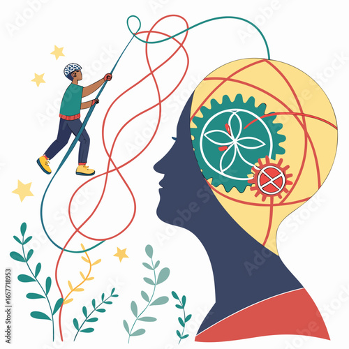 Person untangling complex thoughts with gears messy