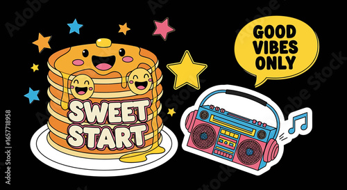 Cartoon Pancakes with Faces and a Retro Boombox with a "Good Vibes Only" Speech Bubble