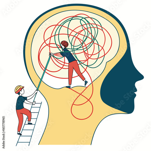 Person untangling messy red and green lines inside head