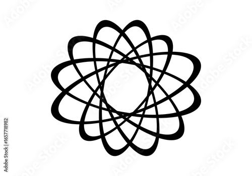 Modern abstract illustration of circular elliptical shapes that twist and overlap each other, forming a dynamic and symmetrical circular pattern.