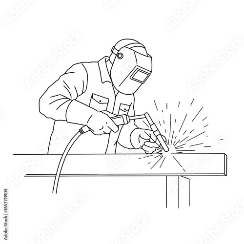 A skilled welder wearing protective gear performs arc welding on a metal beam, creating bright sparks in a detailed line art illustration.