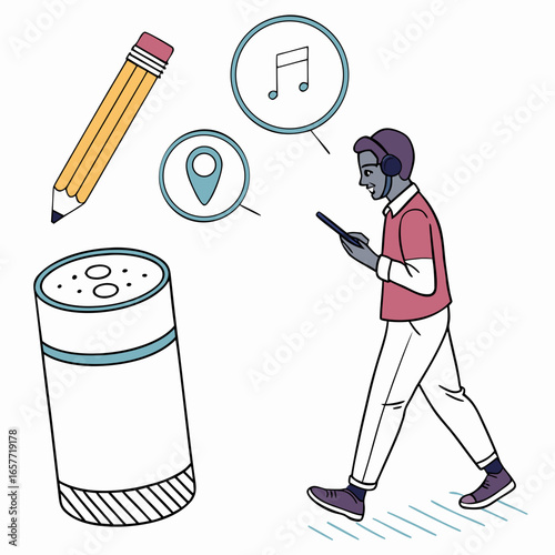 Person with headphones using smartphone near smart speaker and pencil
