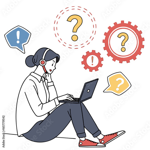 Person with laptop and question marks headphones exclamation mark