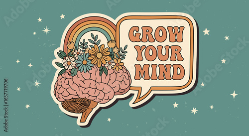 Groovy Brain with Flowers and Rainbow Encouraging Growth Mindset