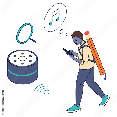 Person with pencil and smart speaker phone music