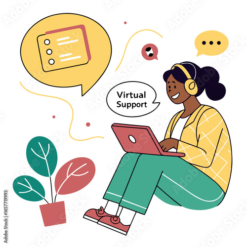 Person working on laptop with virtual support illustration
