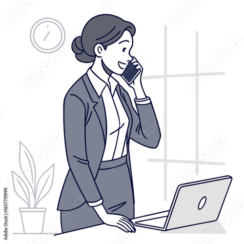 Professional woman talking on phone near laptop phone call