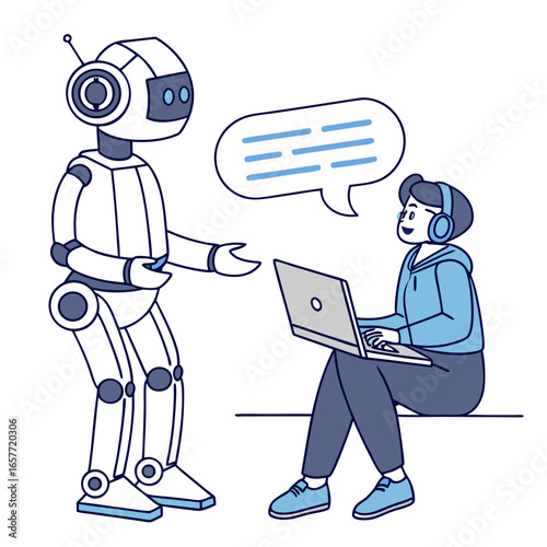 Robot and person communicating human laptop
