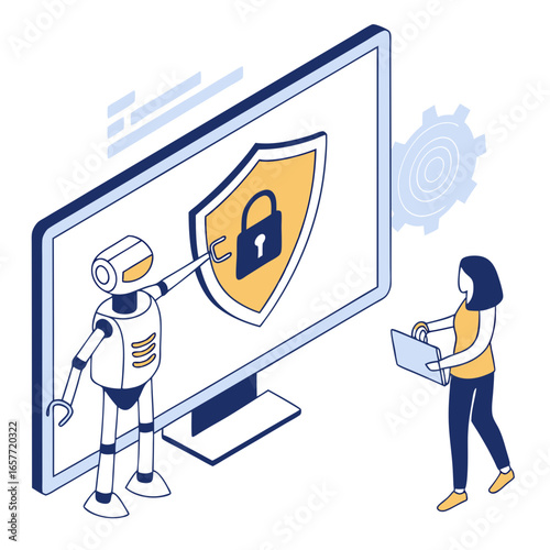 Robot and person interact with cybersecurity shield on monitor