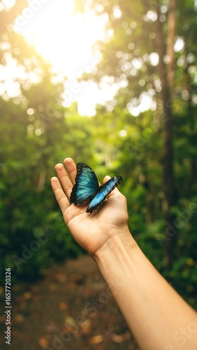 Hand holding two blue butterflies