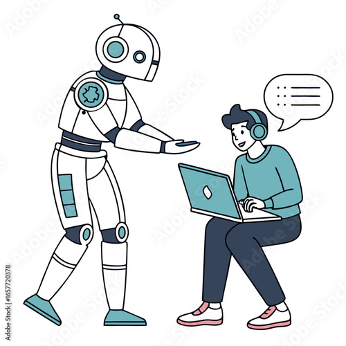 Robot and person interacting with laptop human technology