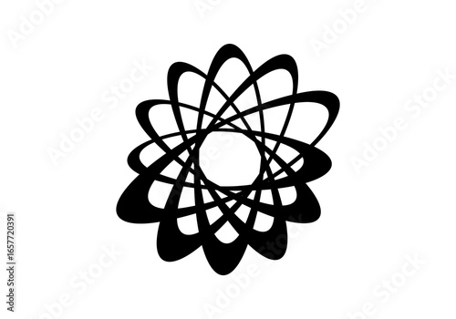 Modern abstract illustration of circular elliptical shapes that twist and overlap each other, forming a dynamic and symmetrical circular pattern.