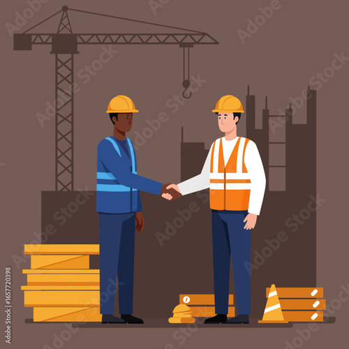Two diverse construction workers in hard hats and vests shake hands, symbolizing a successful partnership or agreement on a building project.