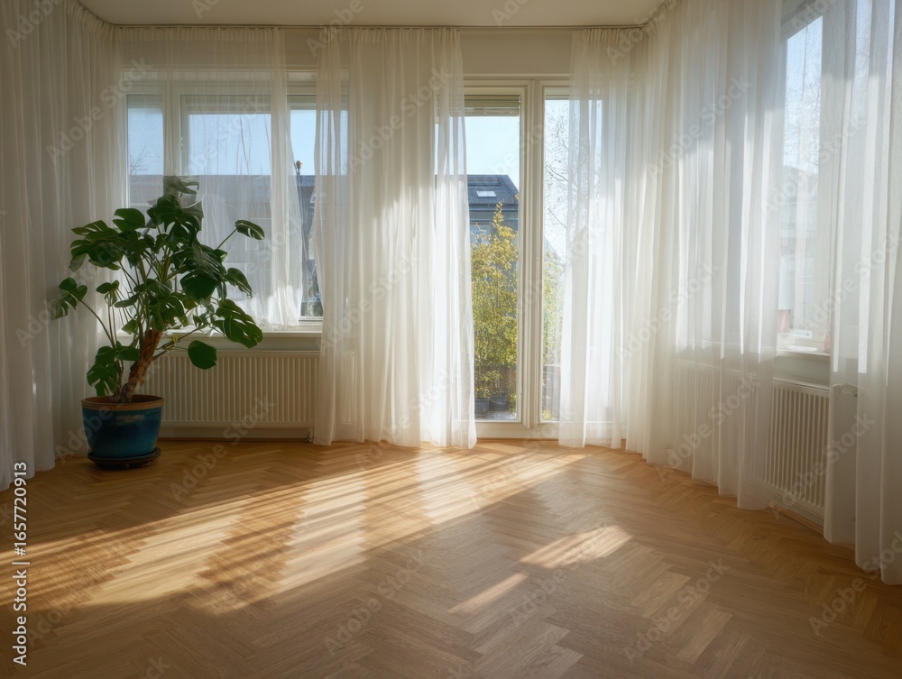 Fototapeta premium A large room with white curtains and a plant in a blue pot. The curtains are open, letting in sunlight