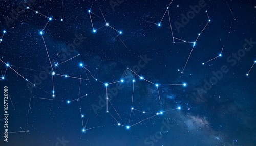 Night sky constellations, shimmering stars connected by lines, cosmic patterns.