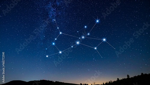 Gemini constellation shining brightly against a dark night sky, silhouetted by a distant horizon.