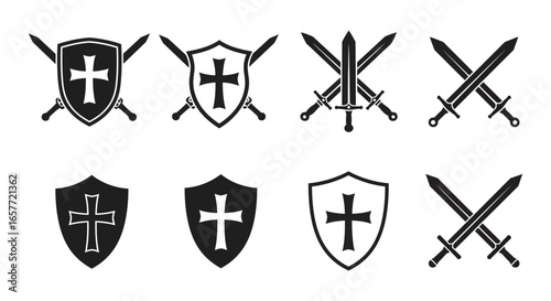 Medieval shields and swords with crosses in black and white silhouette