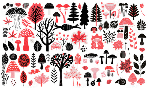 A set of autumn forest graphic elements: trees, mushrooms, branches, pines, leaves, rocks, roots, and snails. Hand-drawn illustration linocut style.